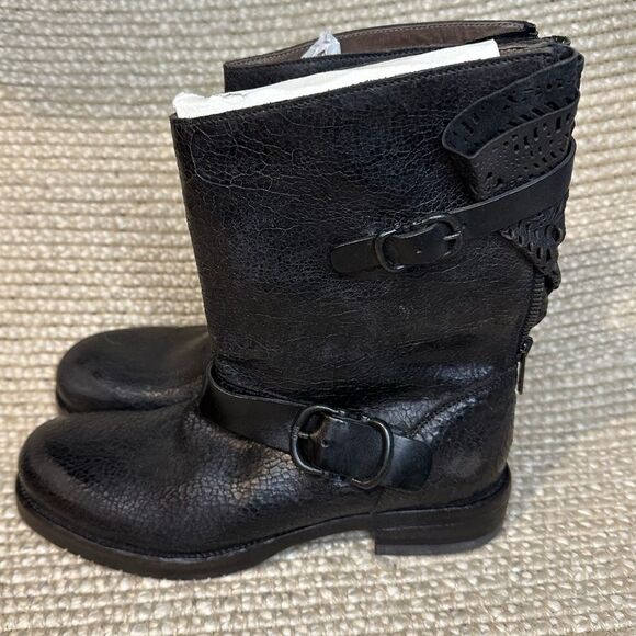 NWT I.N.K. Moto distressed crackle effect buckle leather boots Italy sz 37 - Picture 4 of 14